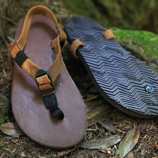 Shamma Old Goats leather sandals on mossy rocks