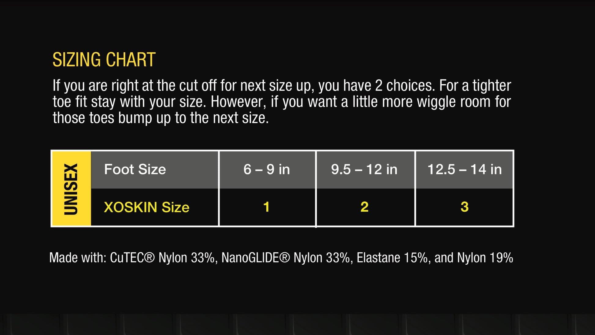 Size chart for the XOSKIN toe socks.
