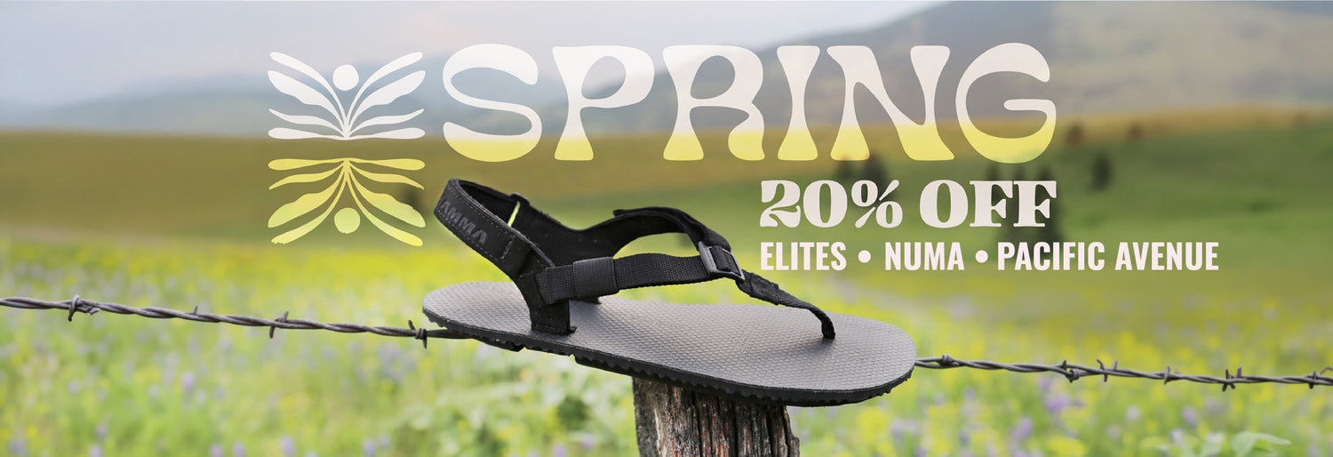 Black sandal on a wooden post with a scenic background and promotional text overlay of spring 20% off elites, numa, and pacific avenue. 