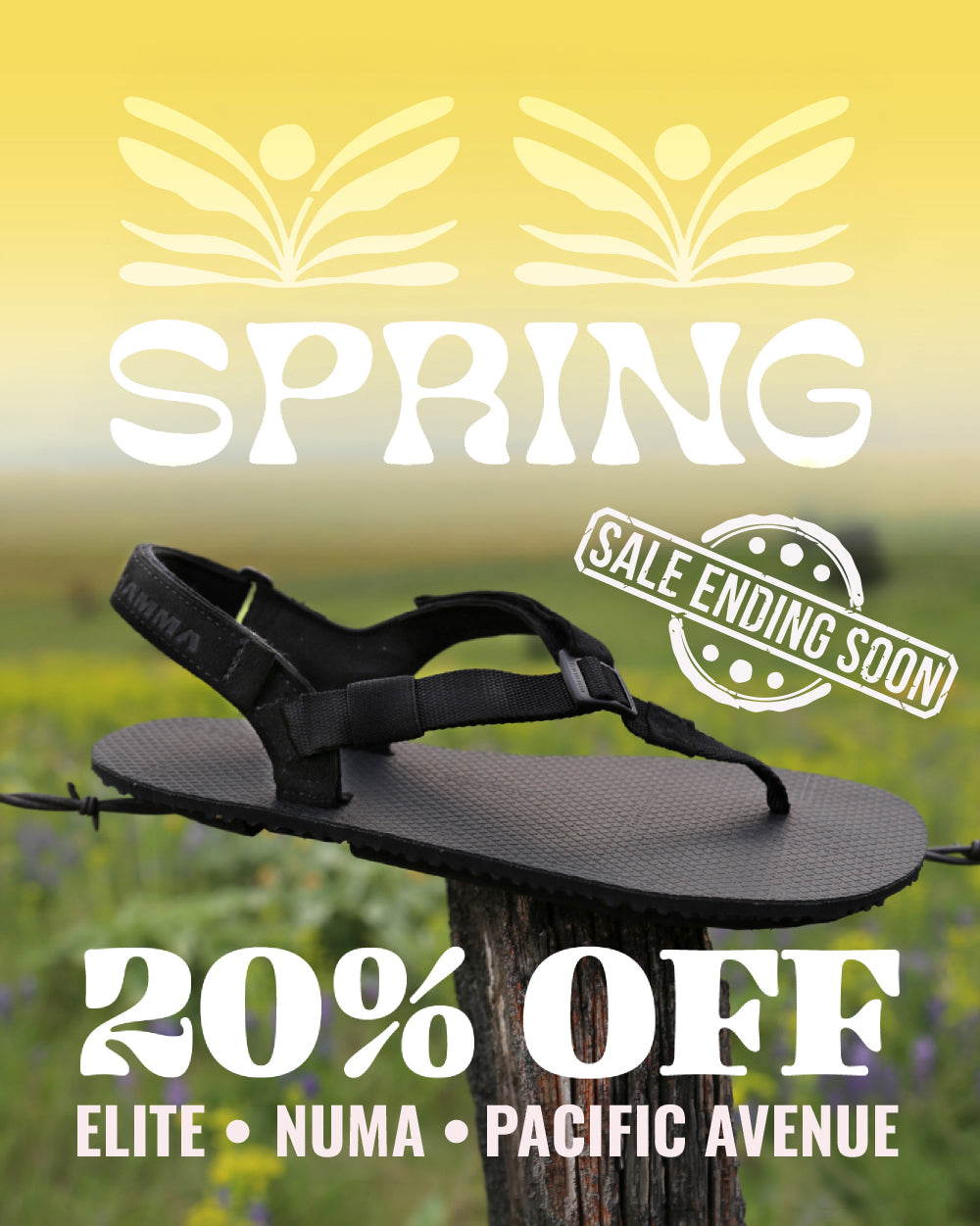 Black sandal on a wooden post with 'Spring' sale text and '20% off' offer of elite, numa, and pacific avenue. Sale ending soon. 