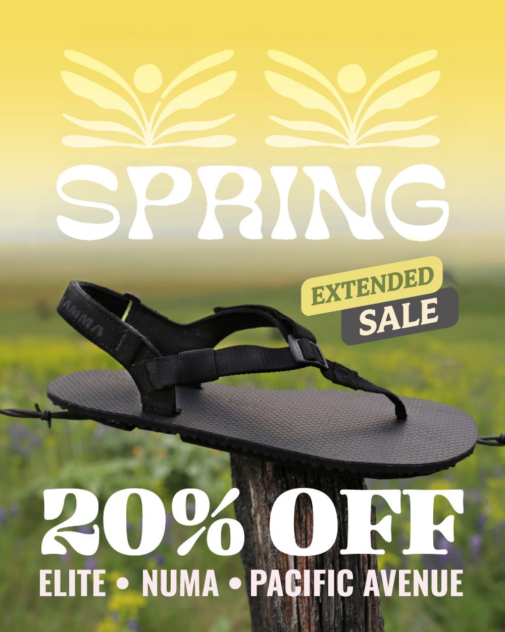 Black sandal on a wooden post with 'Spring Extended Sale' text and '20% Off' offer on a blurred natural background. extended sale