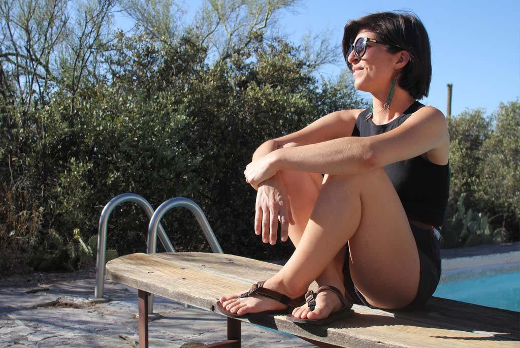 Shamma Sandals All Browns lady by pool side in sandals