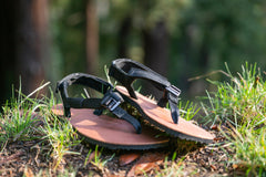 a pair of leather Shamma Maximus sitting in the forest.