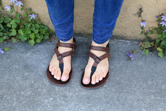 Super Browns sandals on feet close up