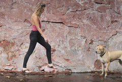 All Browns sandals woman walking in canyon with dog