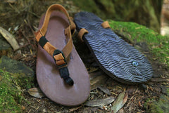 Shamma Old Goats leather sandals on mossy rocks
